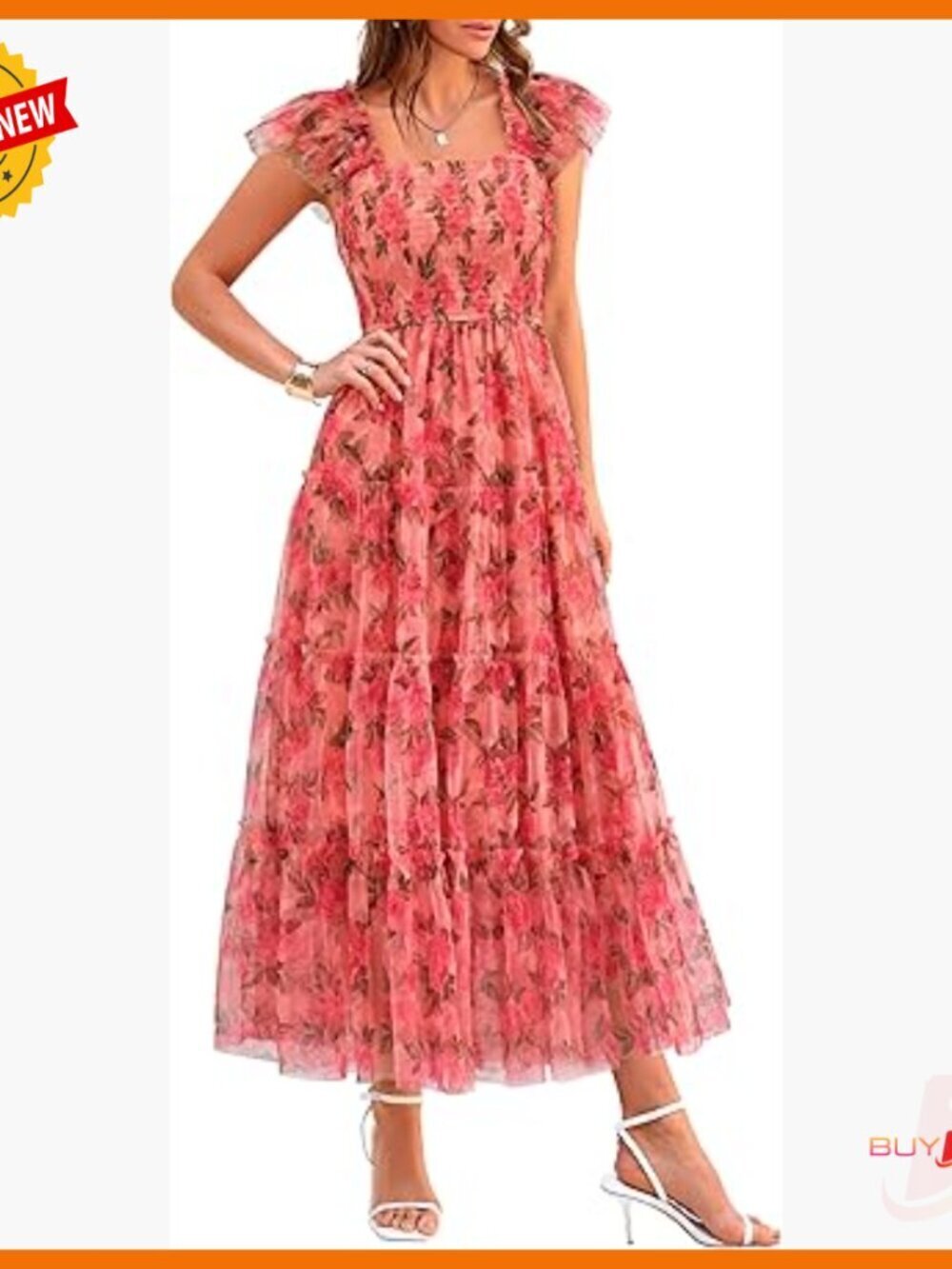 Women's Tulle Midi Dress Sleeveless Smocked Ruffle Flowy Party Wedding Guest